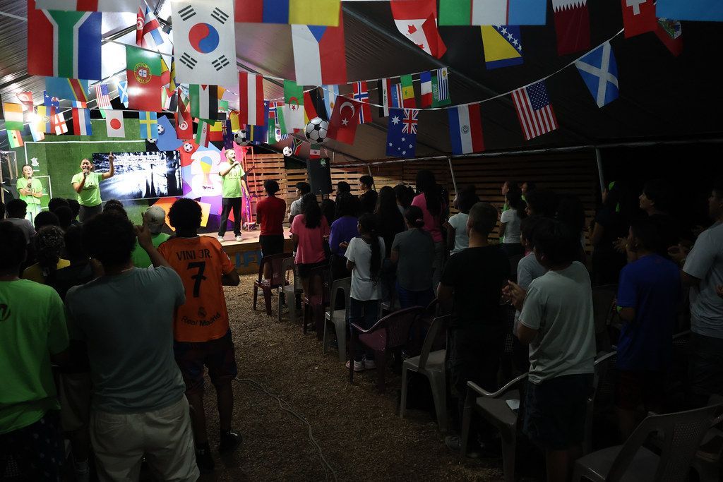 Meeting hall decorated with flags