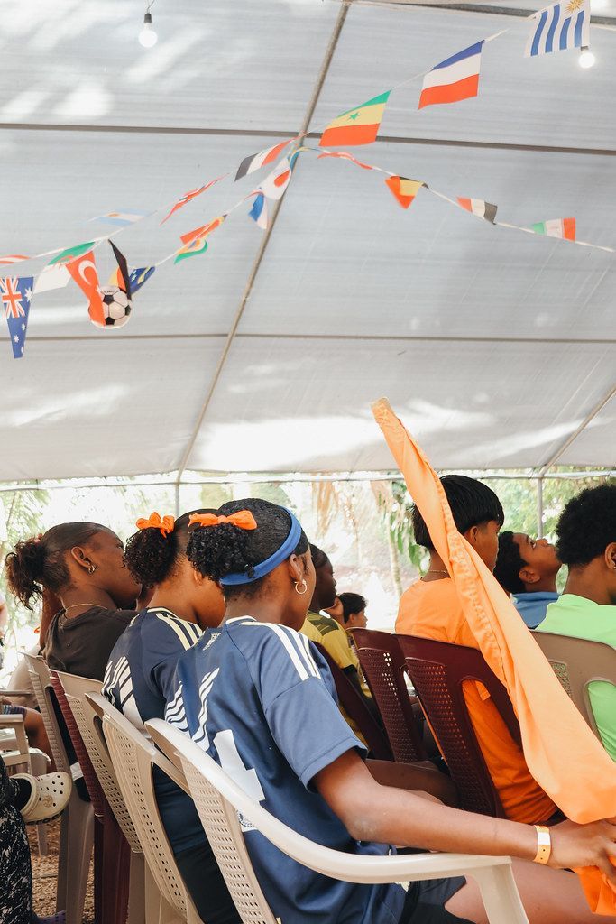 Teens cheering in the meeting tent